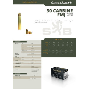 Munitions Sellier & Bellot Calibre .30 Carbine 110 grains FMJ par 50