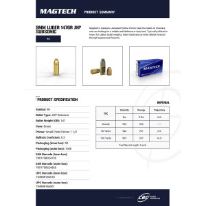 CARTOUCHES MAGTECH 9MM LUGER 147GR JHP SUBSONIC