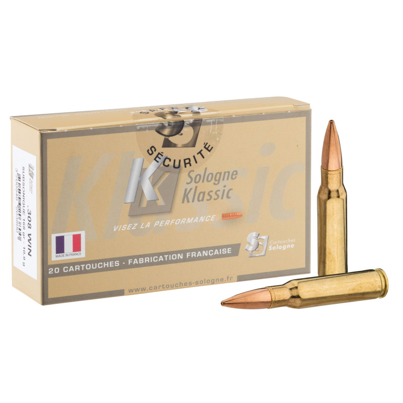 Cartouches à percussion centrale Sologne .308 Win Subsonique .308 Win HPBT Subsonique 168 gr / 11 g