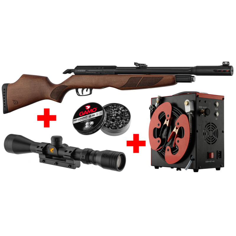 Pack Gamo Riser Punisher Cal. 5,5 mm 40 J + Lunette 3-9 x 40 WR + Compresseur PCP + Plombs Pro Magnum