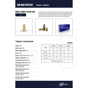 CARTOUCHES MAGTECH 9MM LUGER 124GR FMJ par 500