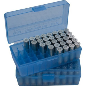 Boîte de rangement MTM translucide pour 50 munitions 38 / 357