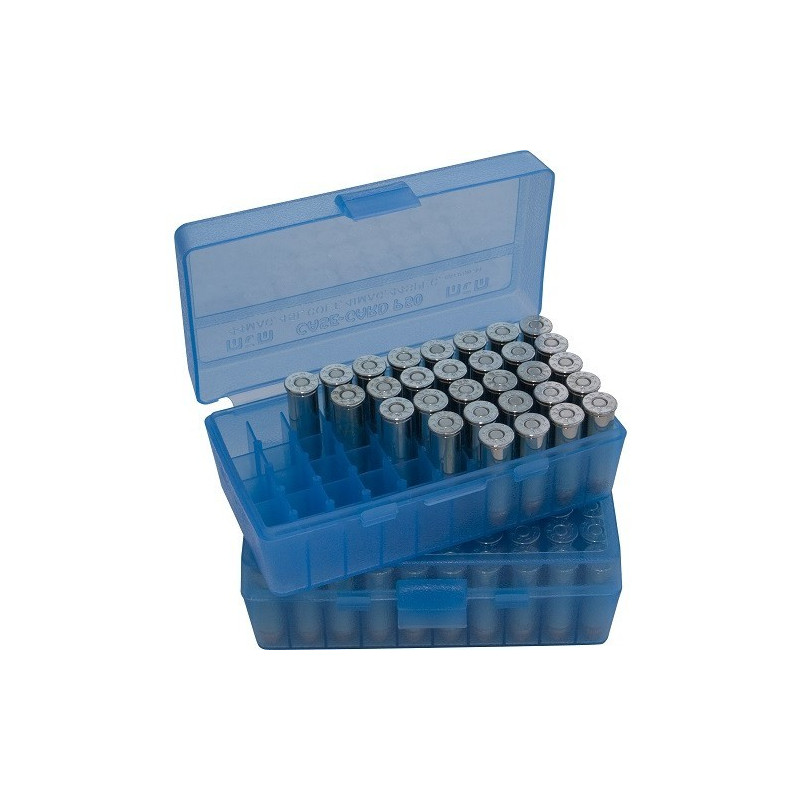 Boîte de rangement MTM translucide pour 50 munitions 38 / 357